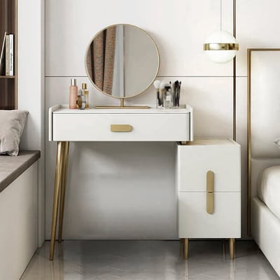 narrow Modern Off-white Makeup Vanity Table with Mirror & Side Table