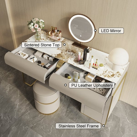Modern Gray Makeup Vanity Set with Side Cabinet Dressing Table with Mirror & Stool