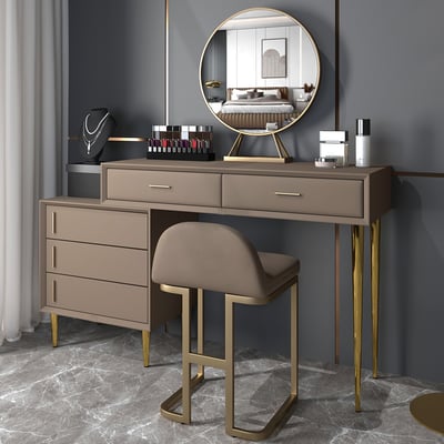 Modern Khaki Makeup Vanity Set Retracted Dressing Table Cabinet&Stool&Mirror Included