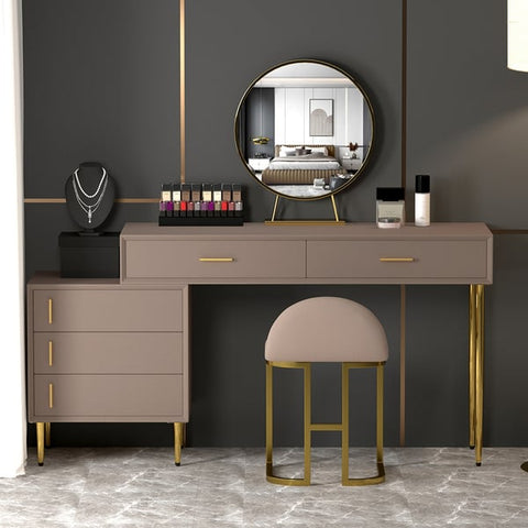 Modern Khaki Makeup Vanity Set Retracted Dressing Table Cabinet&Stool&Mirror Included