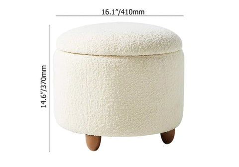 Modern White Boucle Vanity Stool with Lifted Top Storage Round Ottoman with Walnut Legs