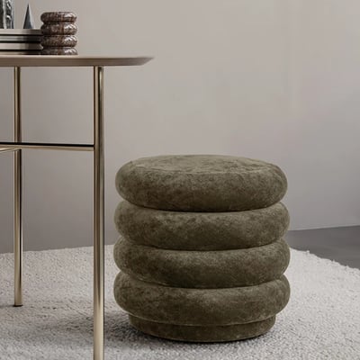 Round Green Velvet Vanity Stool in Piled-up Design