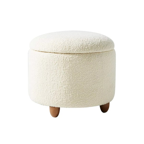 Modern White Boucle Vanity Stool with Lifted Top Storage Round Ottoman with Walnut Legs