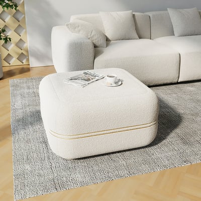 White Boucle Coffee Table Ottoman with Gold Rim Square Ottoman Pouf Foot Stool