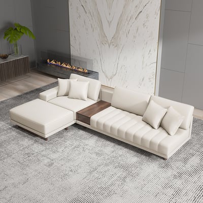 126" L-Shaped Off-White Modular Sectional Sofa Chaise with Ottoman for Living Room