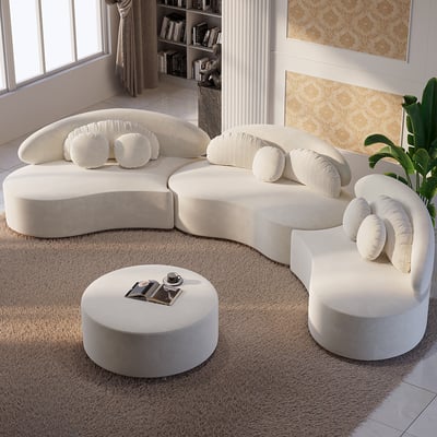 Modern Khaki 4 Pieces Curved Sectional Modular Sofa Velvet Upholstered with Ottoman