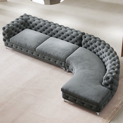 L-Shaped Curved Gray Sectional Sofa Upholstered Velvet Chesterfield Sofa