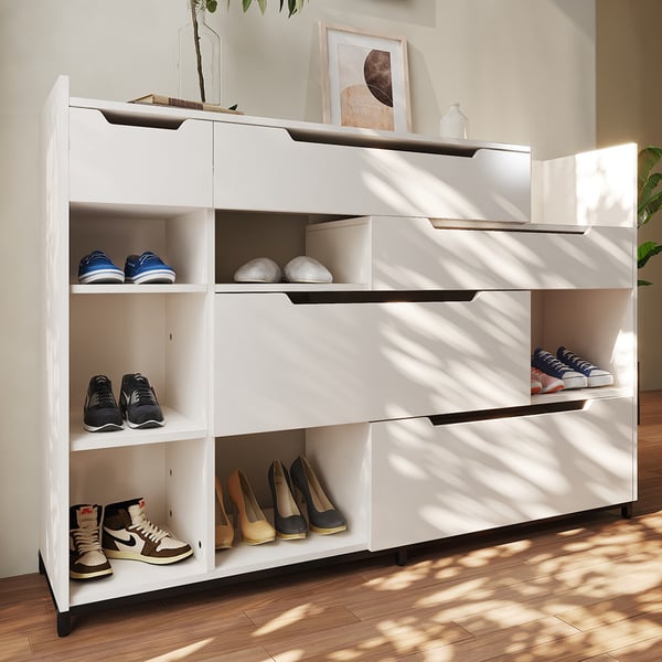 Nordic White Shoe Storage Cabinet with 7 Shelves 5 Drawers Entryway Shoe Storage