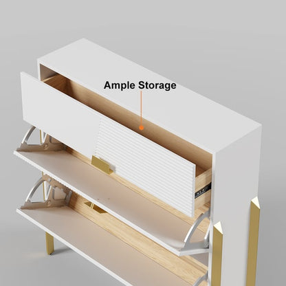 Modern Entryway White Shoe Storage Narrow Shoe Cabinet with 2 Flip Doors & 1 Drawer